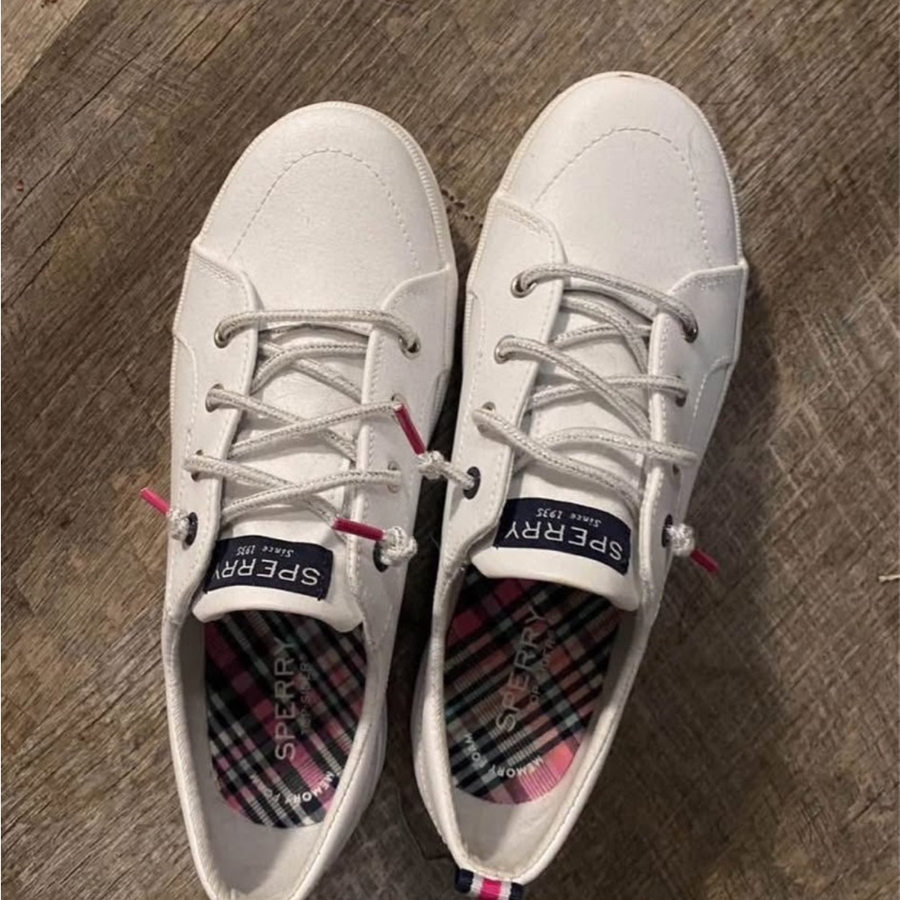 Sperry White Sneakers with Plaid Interior